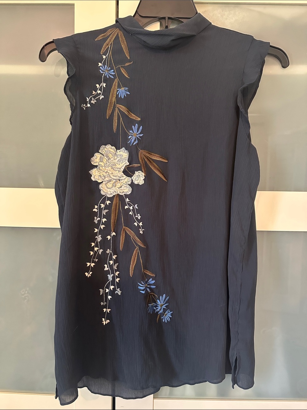 Sleeveless Navy Floral Embroidered Blouse